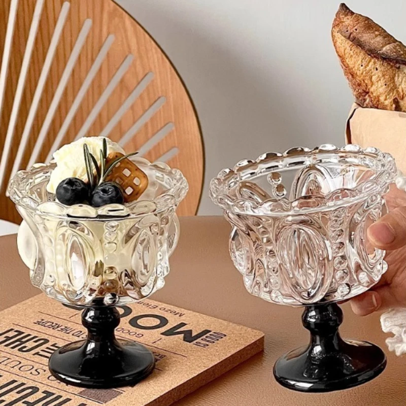2026 Hot High-legged Palace-style Household Dessert Glass Cup, Nordic Relief Cup, Ice Cream, Ice Lolly, Bird's Nest Cup