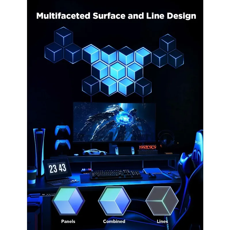 Glide Hexagon Light Panels Ultra, 3D Wall Lights with DIY, LED Lights for Gaming Setup with 129 Lamp Beads，home.