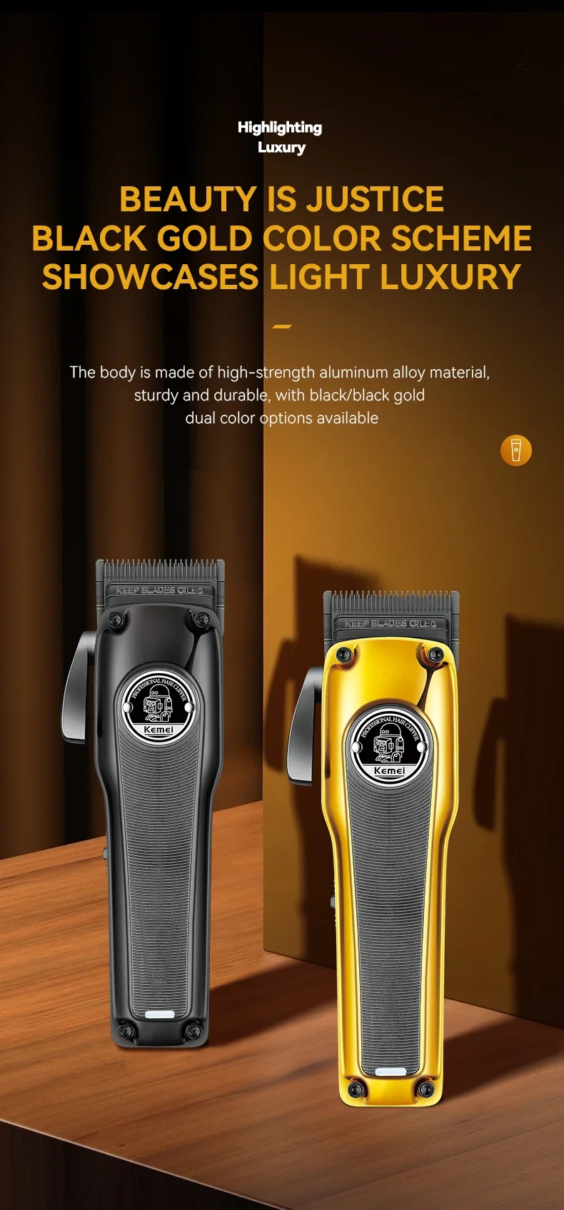 Kemei KM-1826 Professioneller kabelloser elektrischer wiederaufladbarer elektrischer Friseur aus Metall für Herren, Blonde Barber, Rasierer, Trimmer, Haarschneidemaschine – Detail 11