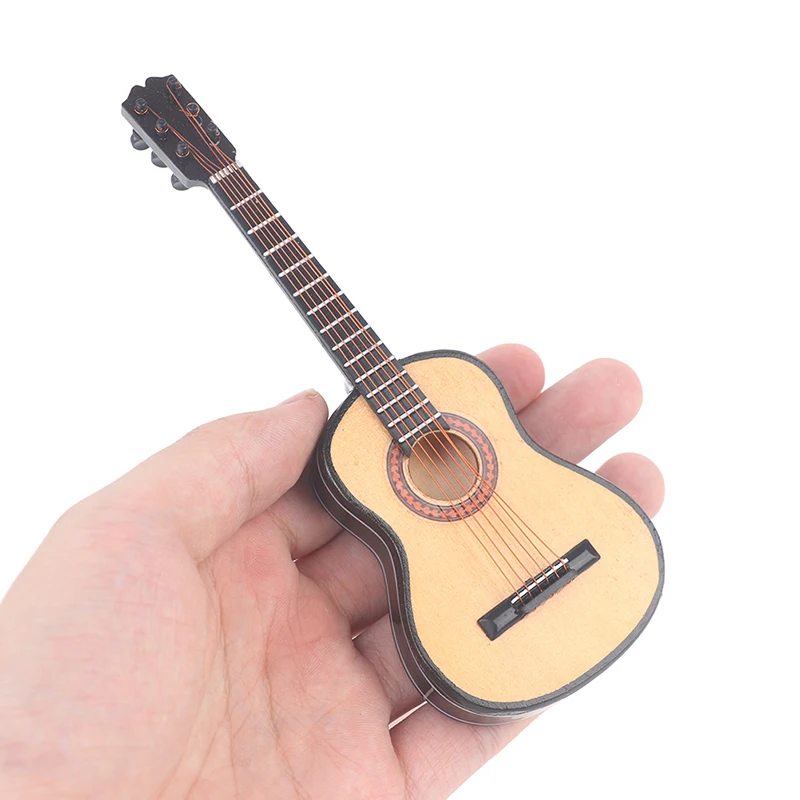 Guitarra eléctrica de madera en miniatura para casa de muñecas, instrumento de juguete con soporte, regalo para niños, 1/6