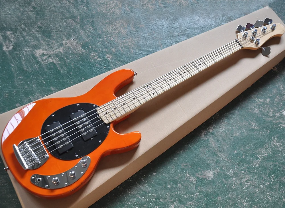 5 Strings Orange Electric Bass with Humbucker Pickups,Maple Fretboard