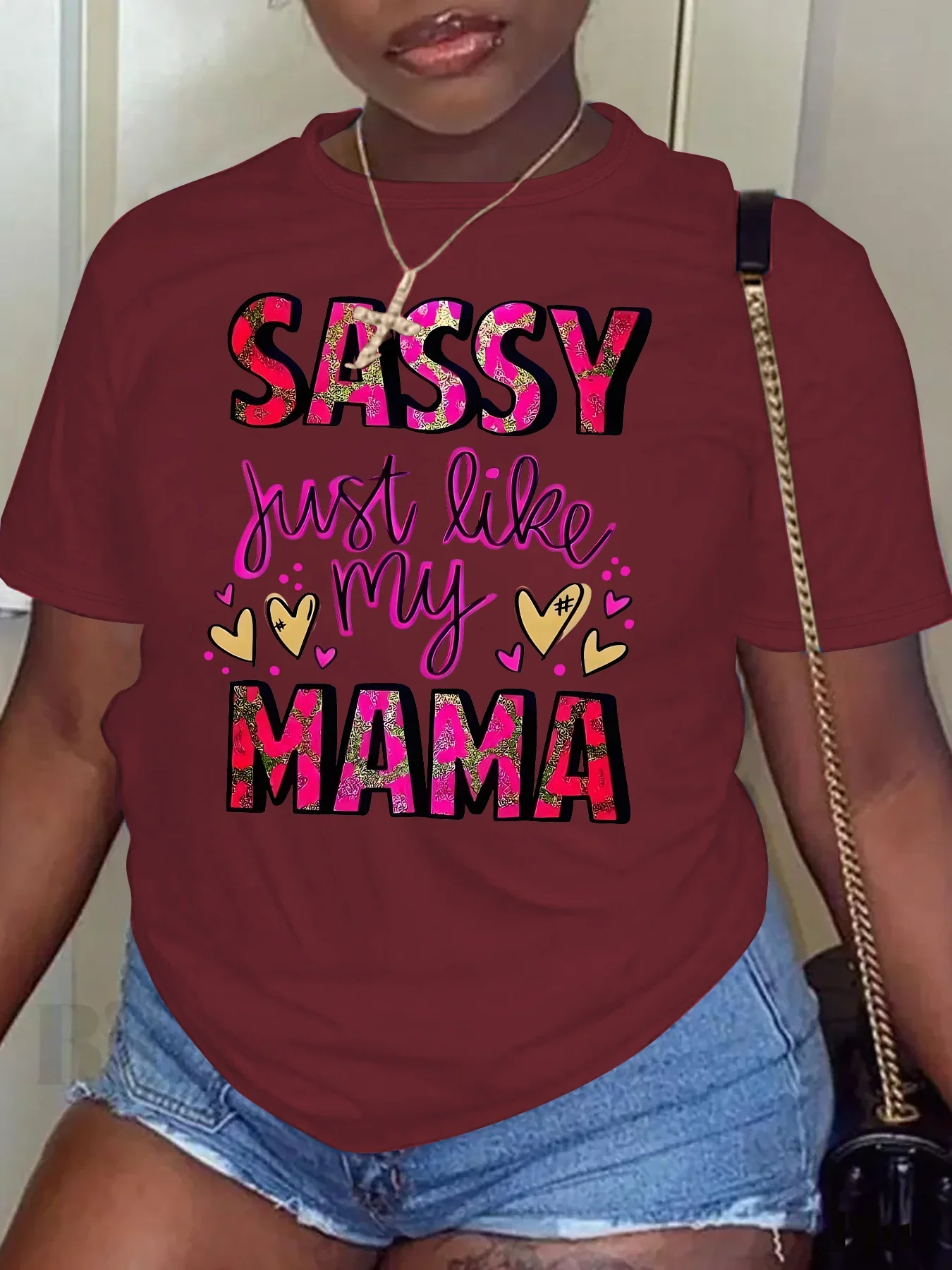 Ropa de talla grande para mujer, camisetas informales de verano con cuello redondo y mangas cortas estampadas SASSY MAMA con escritura alfabética, camisetas de talla grande