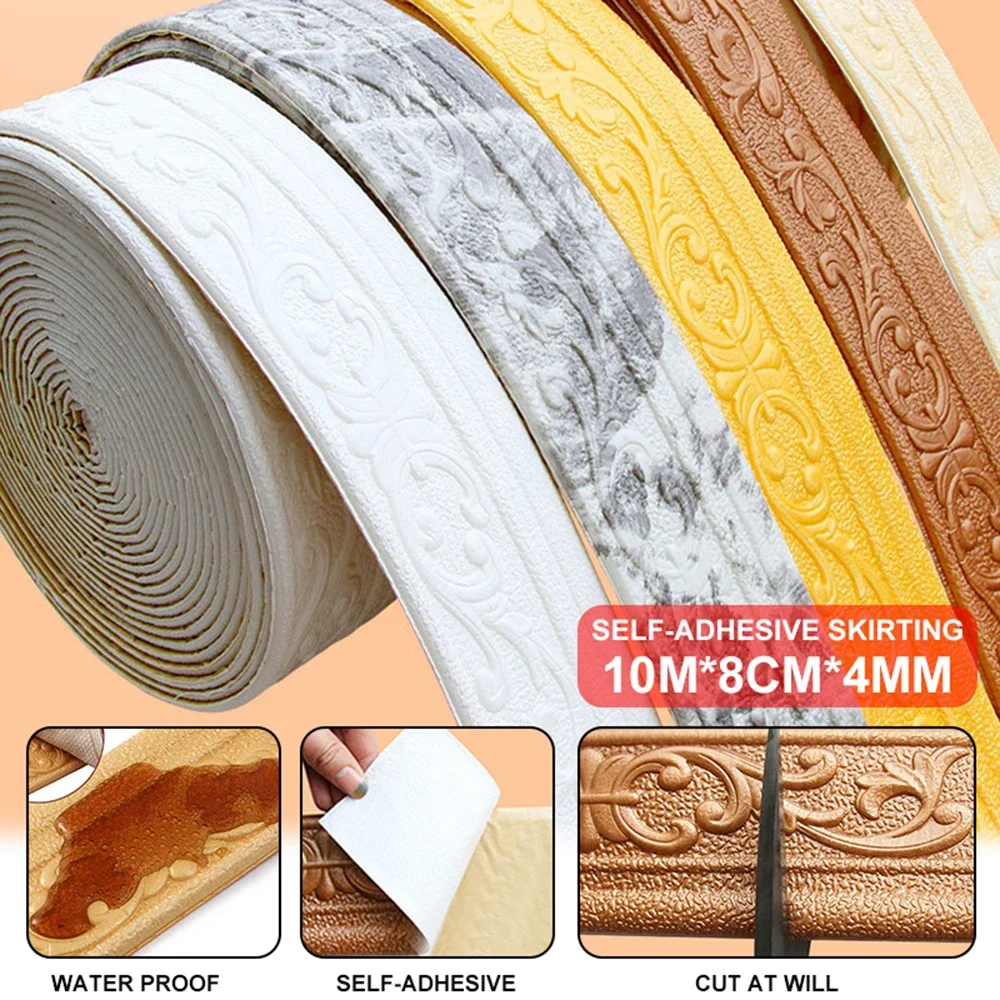 10m/Roll Self Adhesive Foam Wall Trim Line Skirting Border Waterproof Baseboard Wallpaper Stickers  Decoration Wall Stickers