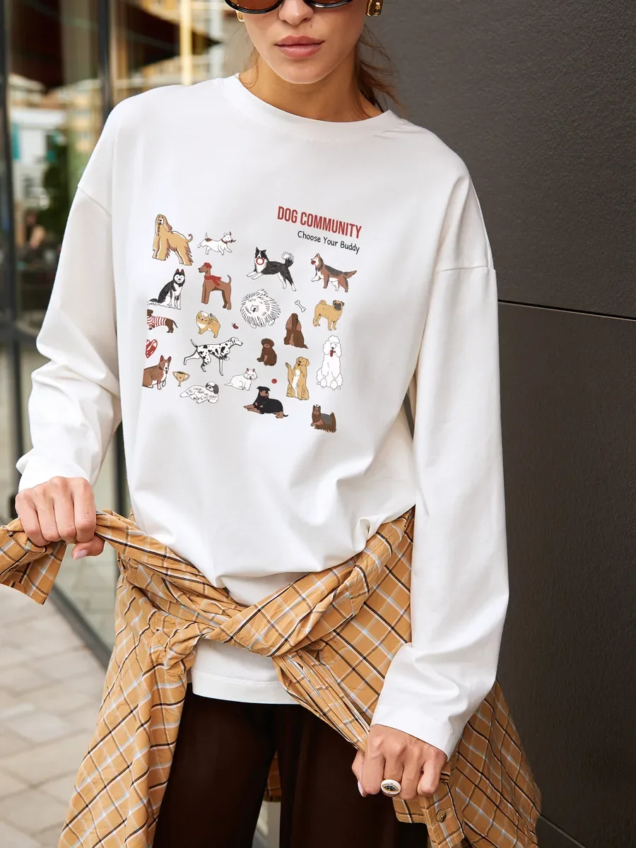 秋のレディースコットンTシャツ、可愛い犬のコミュニティグラフ - Vintage Fashion Community のレビューと価格