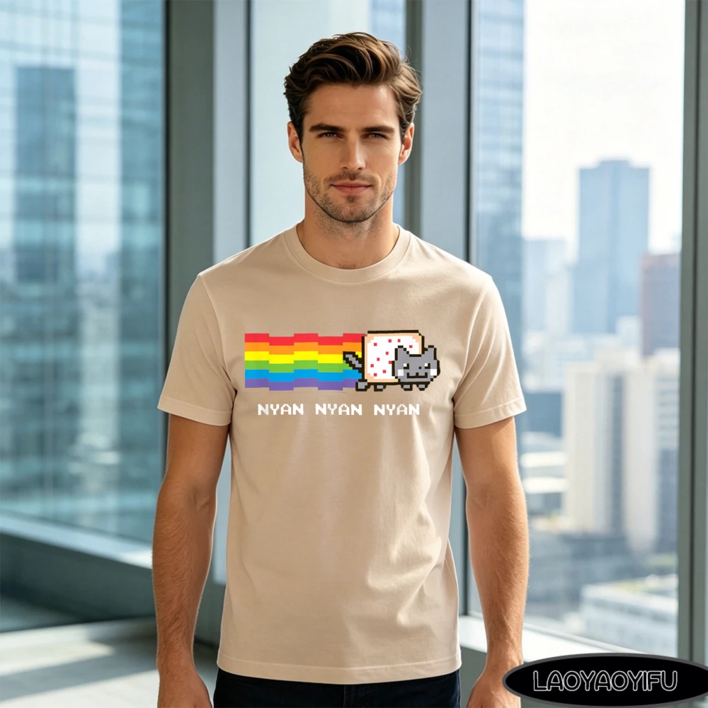 Men's Summer Cotton T-Shirt Retro Pixel Nyan Cat Rainbow Graphic Tee Funny Anime Meme Vintage Harajuku Casual Top