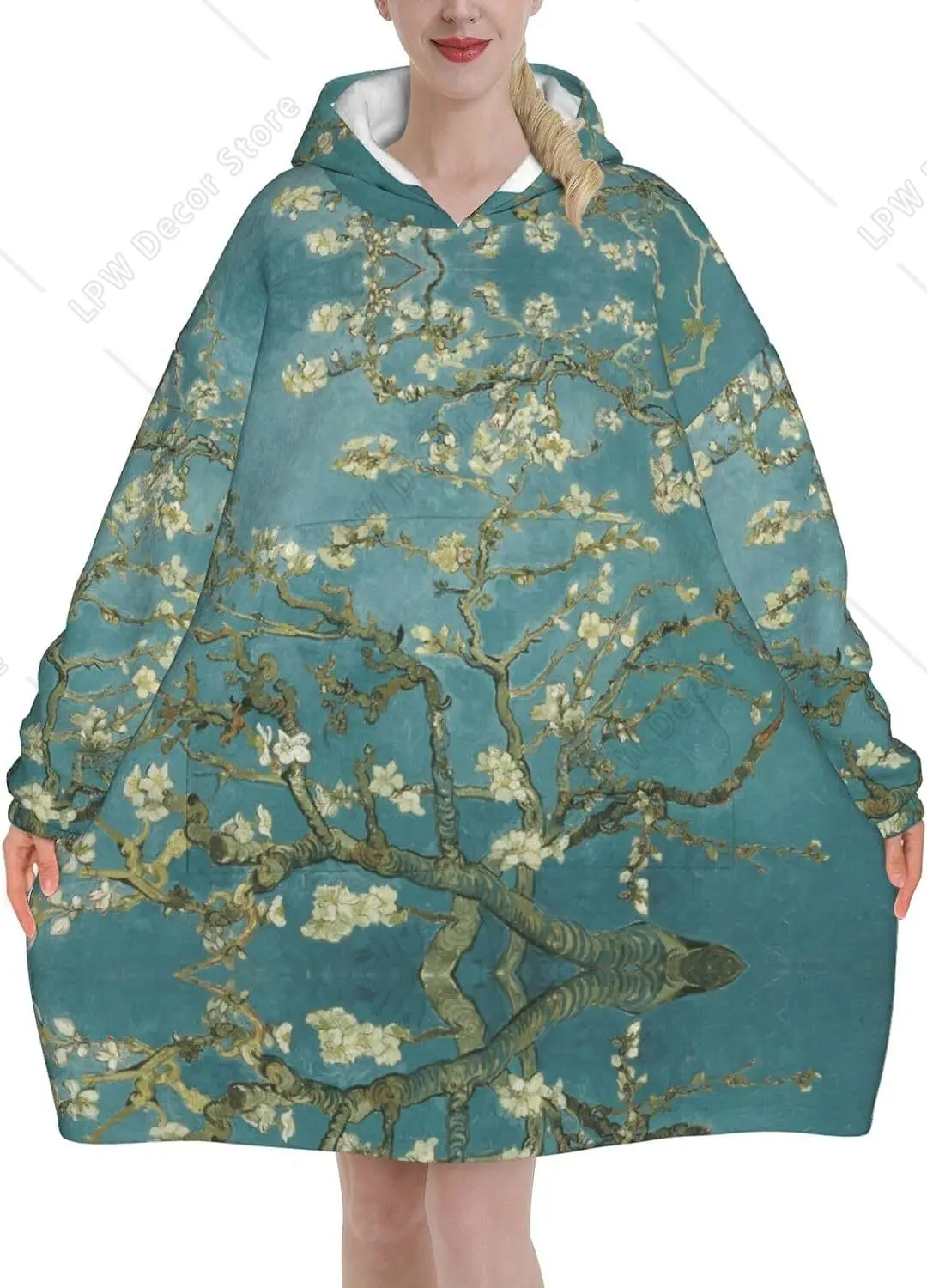 Almond Blossom Print Blanket Hoodies For Women & Men Adult Teen Wearable Hooded Sweatshirt With Pocket
