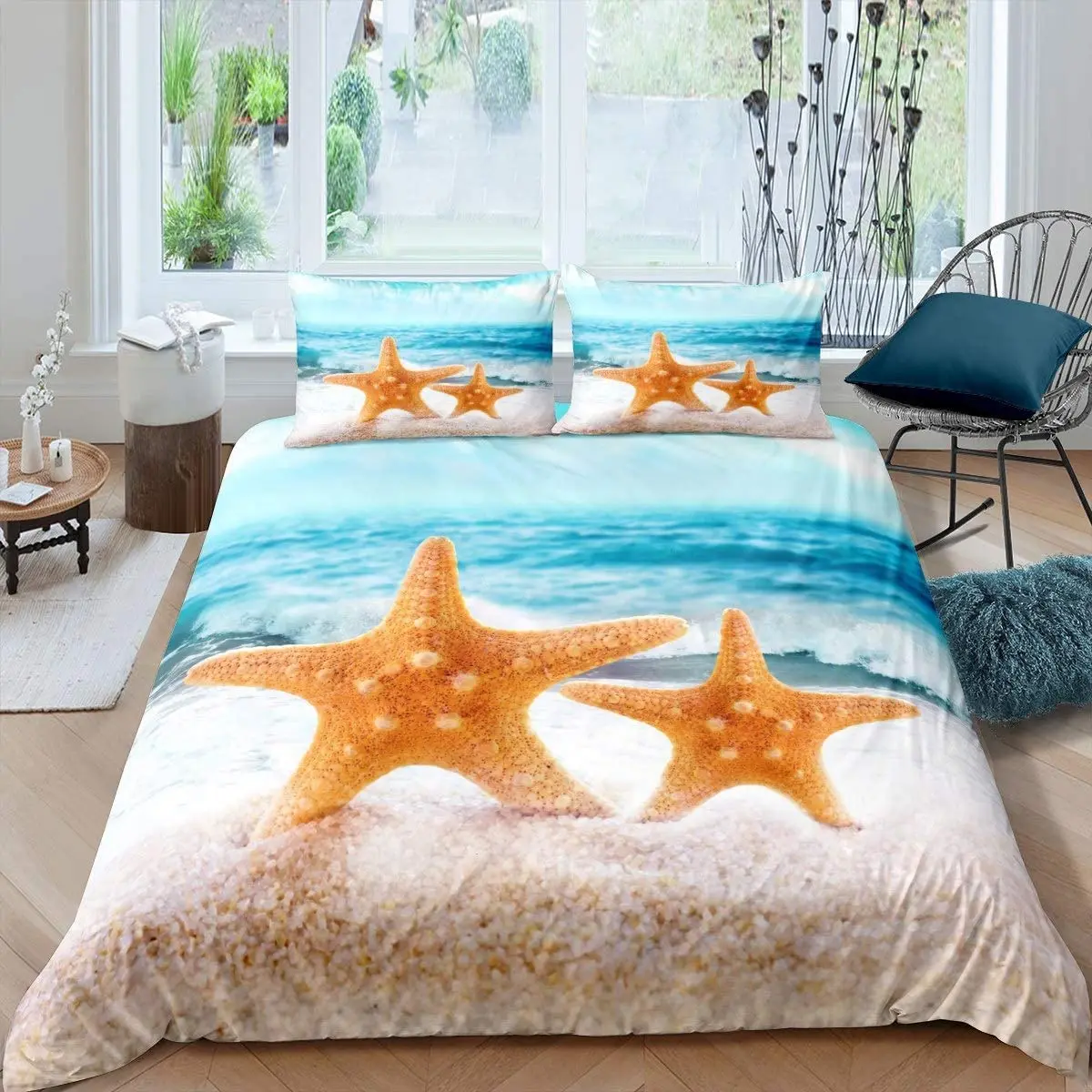 Starfish Duvet Cover Set Summer Beach Seashell Starfish Twin Bedding Set Polyester Hawaiian Tropical Nature Sea King Quilt Cover