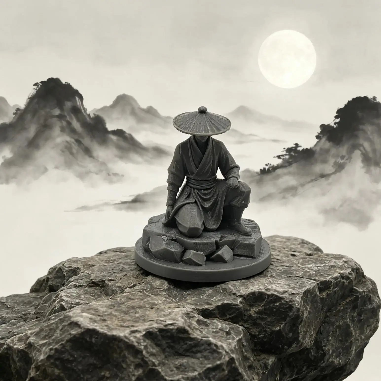 Squatting Ancient Swordsman Statue 3DPrinted Straw Hat Warrior Mini Figurine Zen Desktop Ornament Bookshelf Home Desk Decor Gift