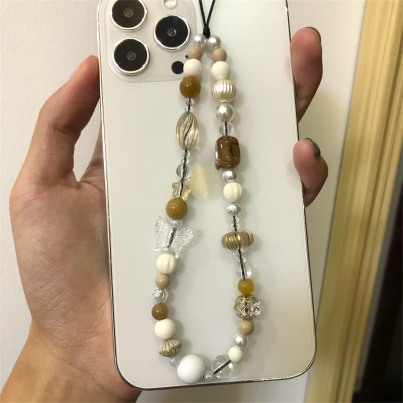 Korea Cute Butterfly Beaded Phone Chain Charm Lanyard For iPhone Samsung Universal Accessories Anti-Loss Lanyard Jewelry Pendant