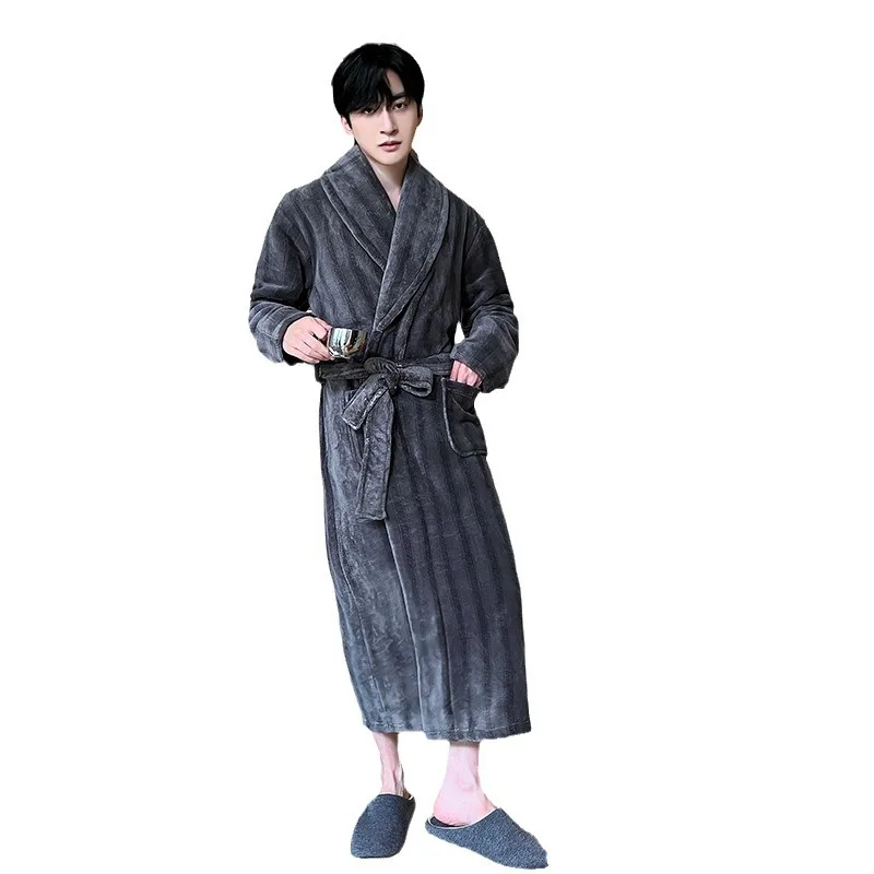 2024 New Men's Winter Keep Warm Sleepwear Kimono Bathrobe Gown Thicken Oversize Loose Coral Fleece Homewear Flannel Long Robe