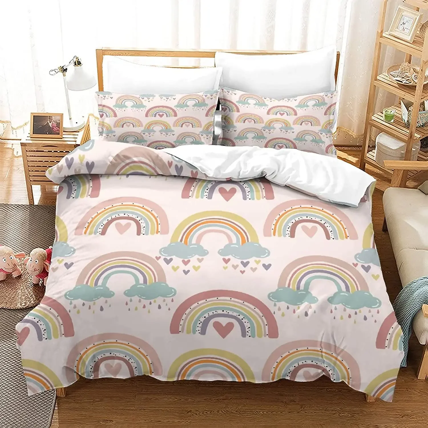 

Rainbow Twin Duvet Cover Set for Girl Pink and Yellow Rainbow Star Duvet Cover Cartoon Rainbow for Bedroom Decoration Women Kid