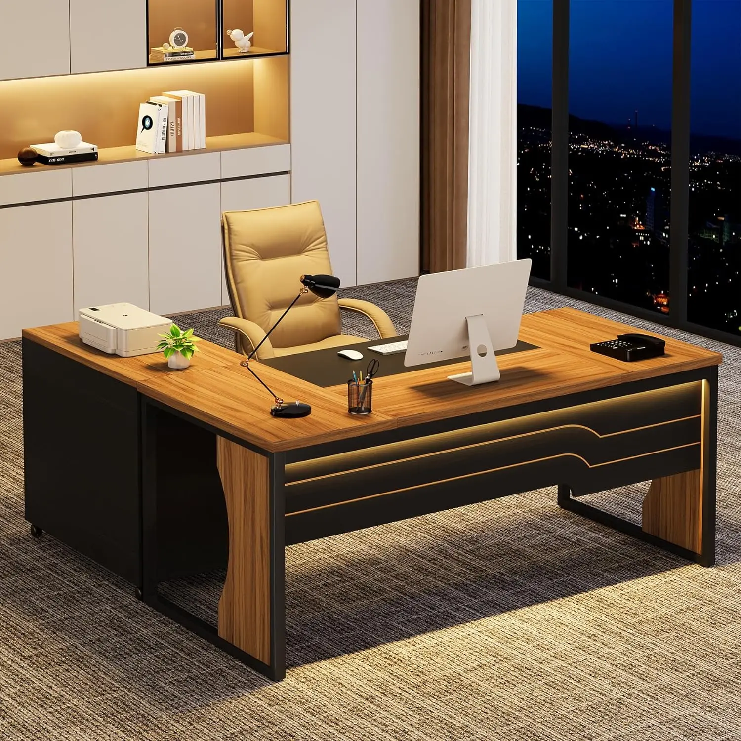 L Shaped Computer Desk with Cabinet LED 63 inch Office Table Storage Home Office Walnut, Customized
