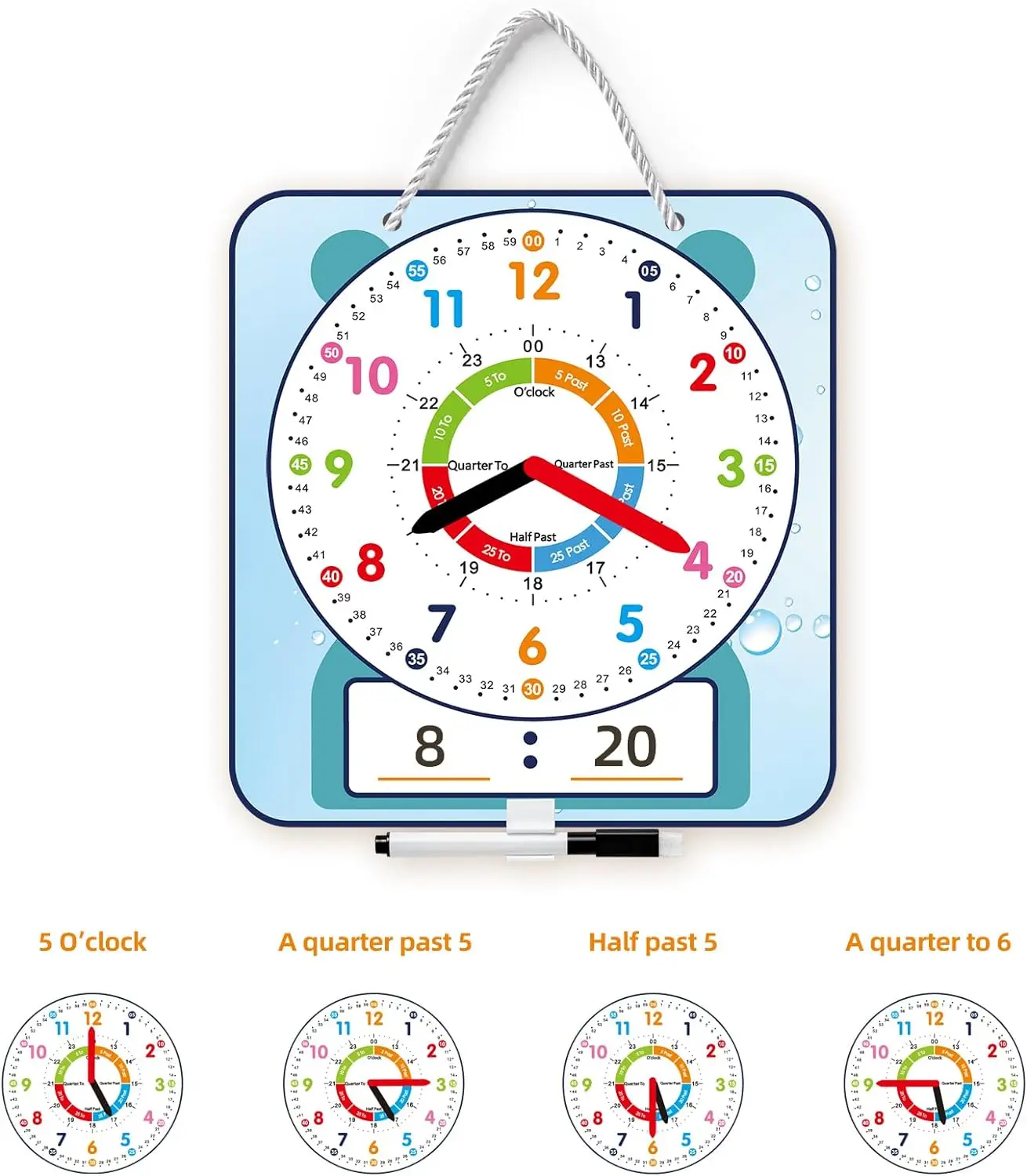 Magnetic Writable Dry Erase Teaching Clock with Pen Teaching Demonstration Clock for Kids Learning Time Classroom Supplies