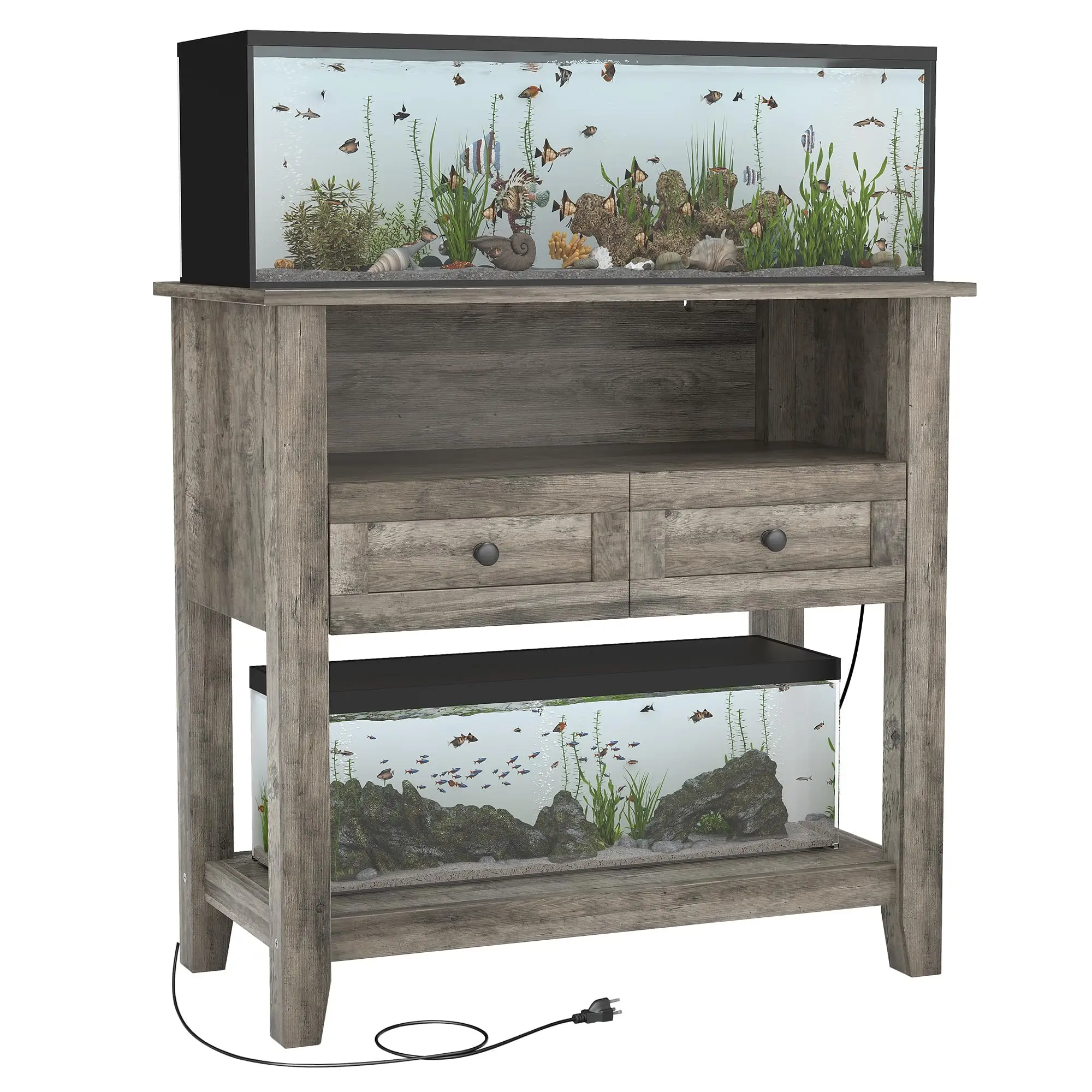 Heavy-Duty 20-29 Gallon Aquarium Stand with Charging Station, 660 lbs Capacity, Drawers & Open Storage – for Fish