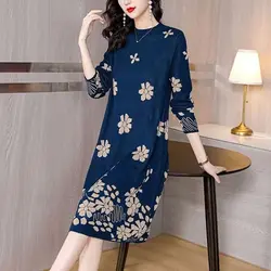 Women's Clothing Vintage Flowers Midi Dress Printed Autumn Winter Casual Loose A-Line Fashion Commute Half High Collar Dresses