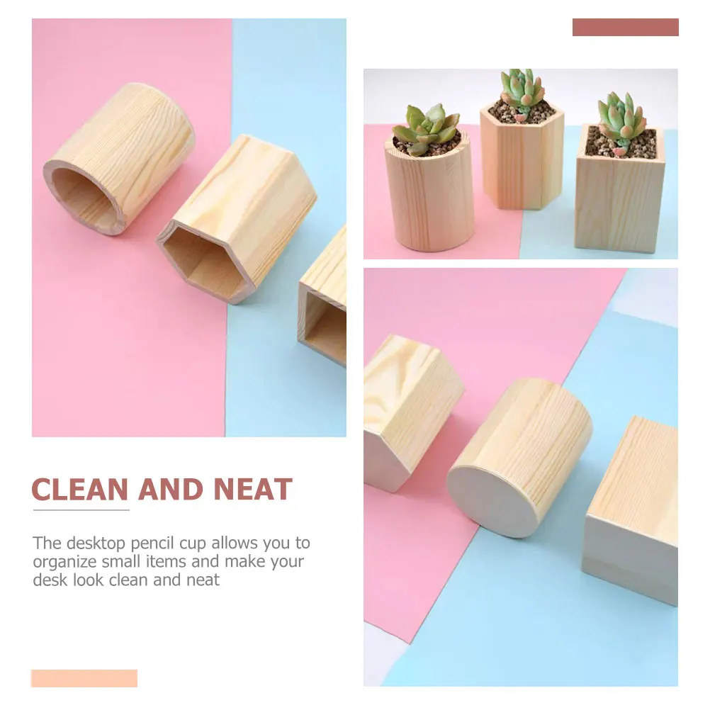

2 Pcs Pine Pen Holder Pencil Pot Wood Stationery Gel Container Desktop Brush Makeup Tools
