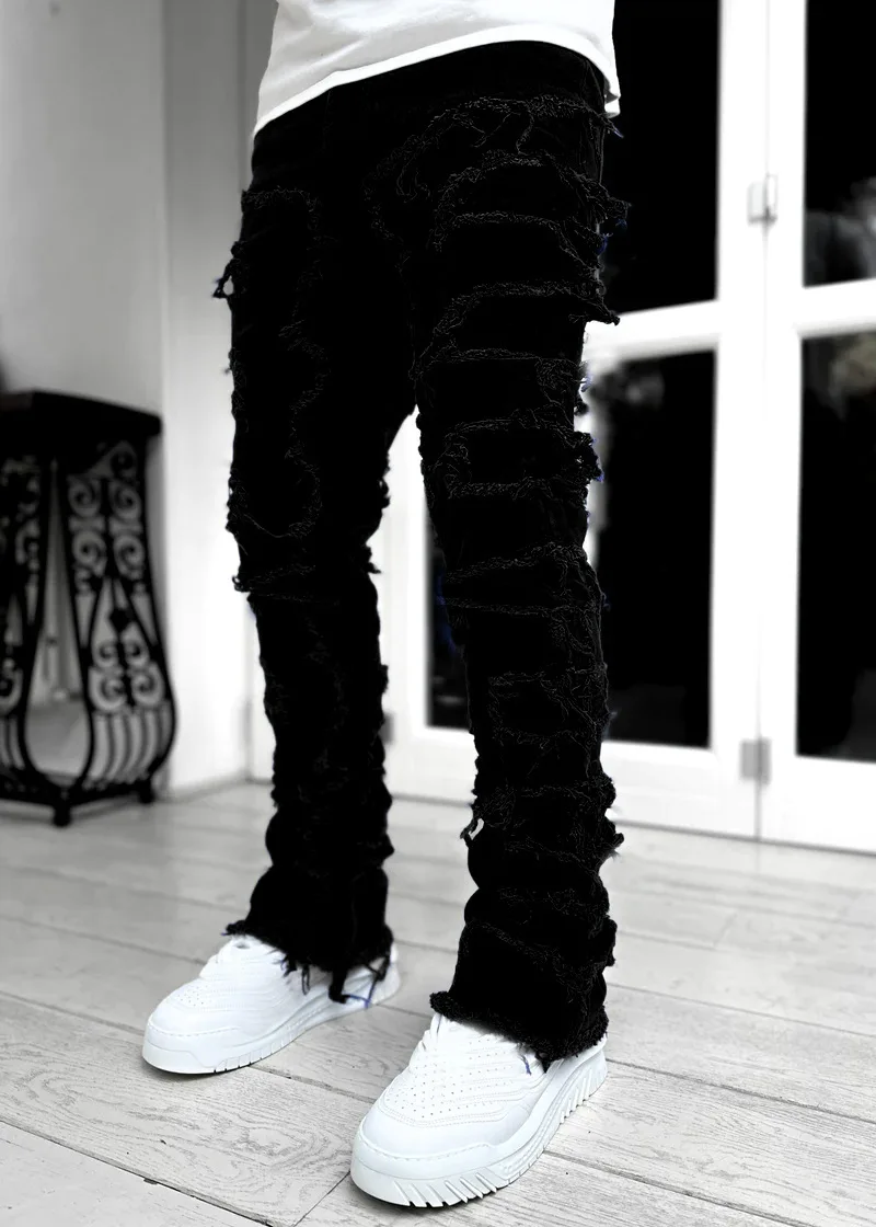 

Spring & Autumn Individual Patched Black Pants Long Tight Fit Stacked Jeans For Men
