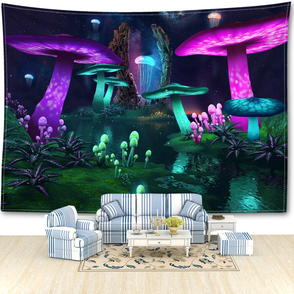 Green Purple Forest Mushroom Tapestry Wall Hanging Bohemian Mystical Witchcraft Living Room Background Cloth Home Decor