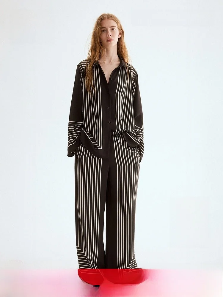 

Spring New Women's Loose Waist Pants H&M Straight Leg High Waist Casual Trousers Polyester Fiber Ladies Faion 328384