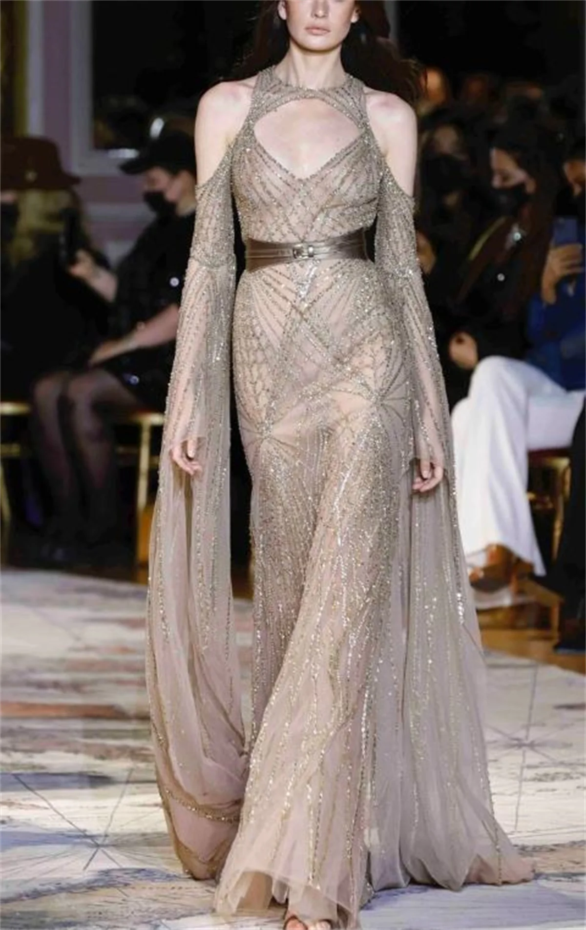 Custom Evening Dresses Star Stage Round Neck Strapless Long Sleeve Crystal Sequins Chain Lace Champagne Elegant 2023 Latest