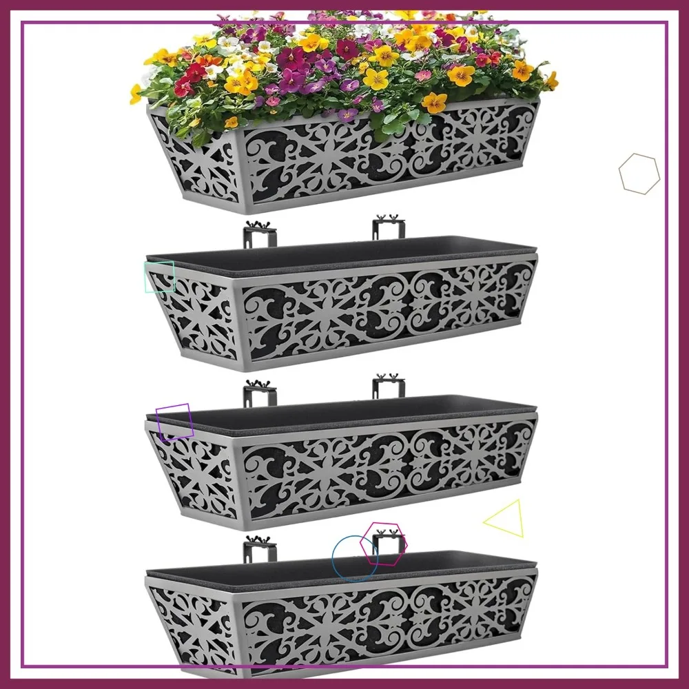 

4 Pack 24 Inch Window Box Planters with Adjustable Brackets for Outdoor Garden Decor