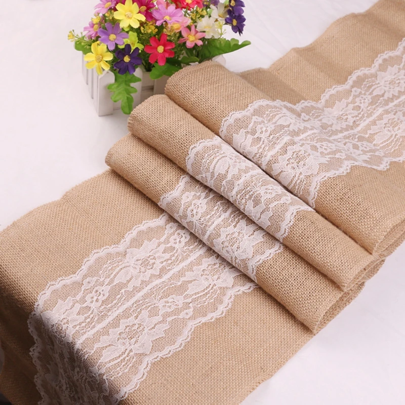 

Jute Lace Linen Tablerunner for Christmas Home Table Decoration Table Flag Cloth Wedding Decoration Table runner