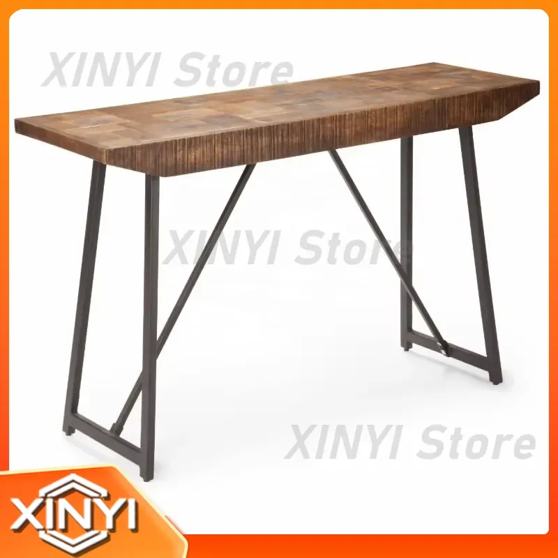 Rustic Industrial Sofa Table with Parquet Pattern Solid Mango Wood Top and Black Iron Base for Living Room Wooden Console