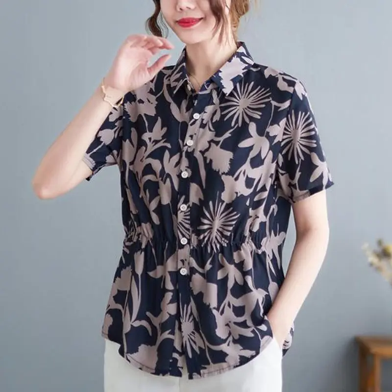 Women\'s Clothing Summer Short Sleeve Button Turn-down Collar Plant&Flowers Chiffon Cardigan Shirt Elegant Contrast Color Tops