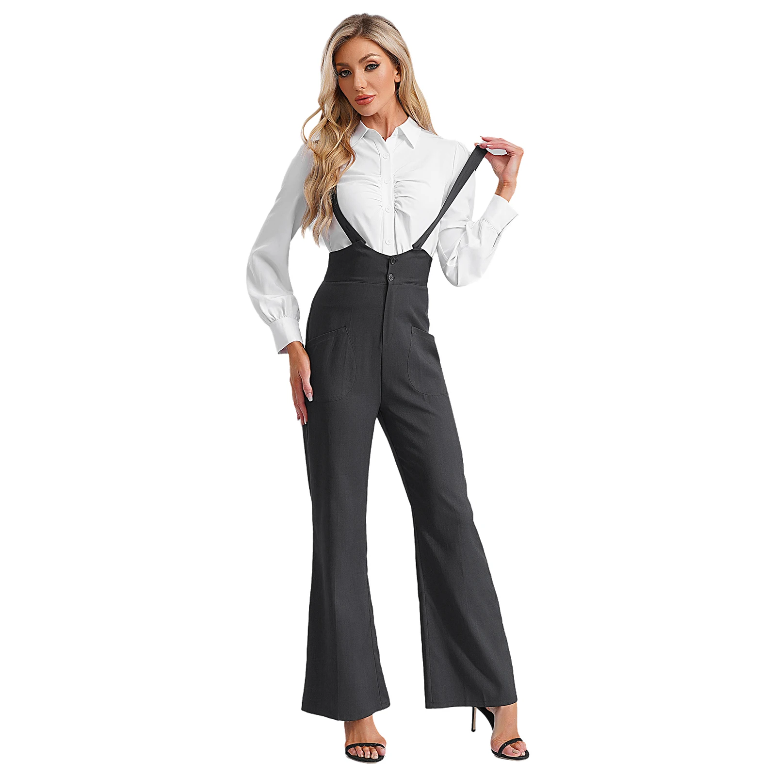 Women High Waist Trousers with Suspender Daily Costumes Fashion Button Zipper Fly Wide-Leg Overalls for Office Work Business