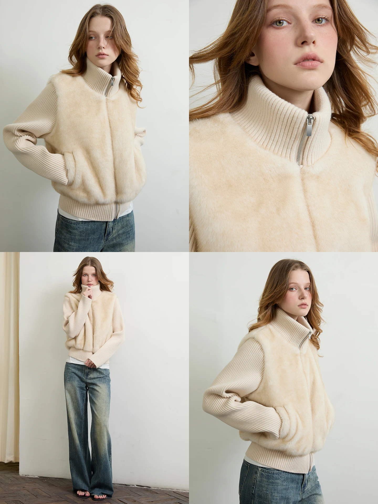 

Versatile ort Knitted Splicing Mink Zipper Fur Coat Warm Commute Sle Loose Fit Polyester Fiber Long Sve Stand Collar