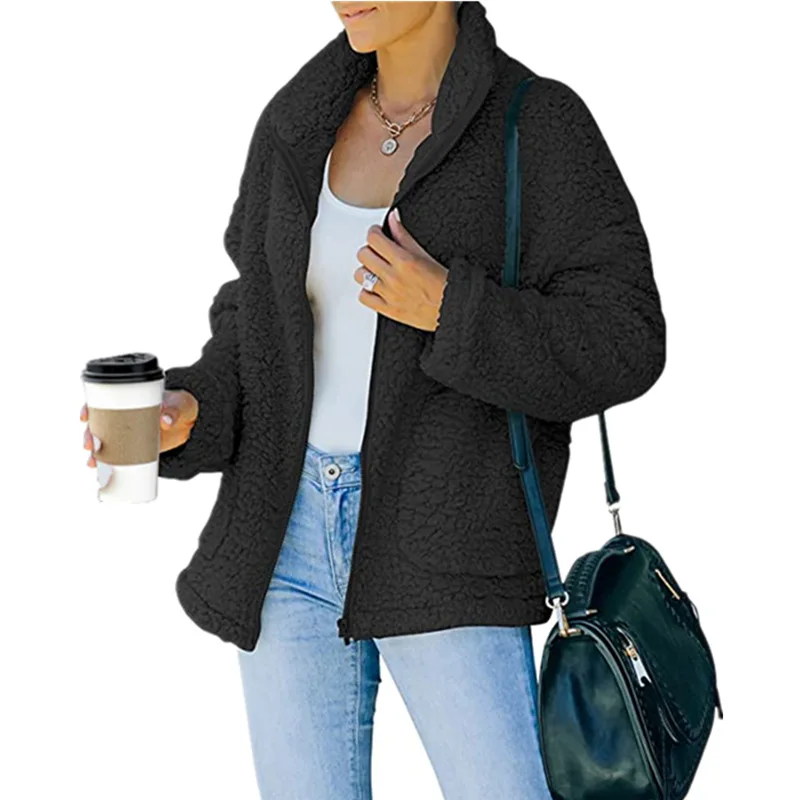 2023 Autumn and Winter Women's New Fashion Commuter Double Sided Plush Pocket Zipper Top Solid Color Comfortable Versatile Coat
