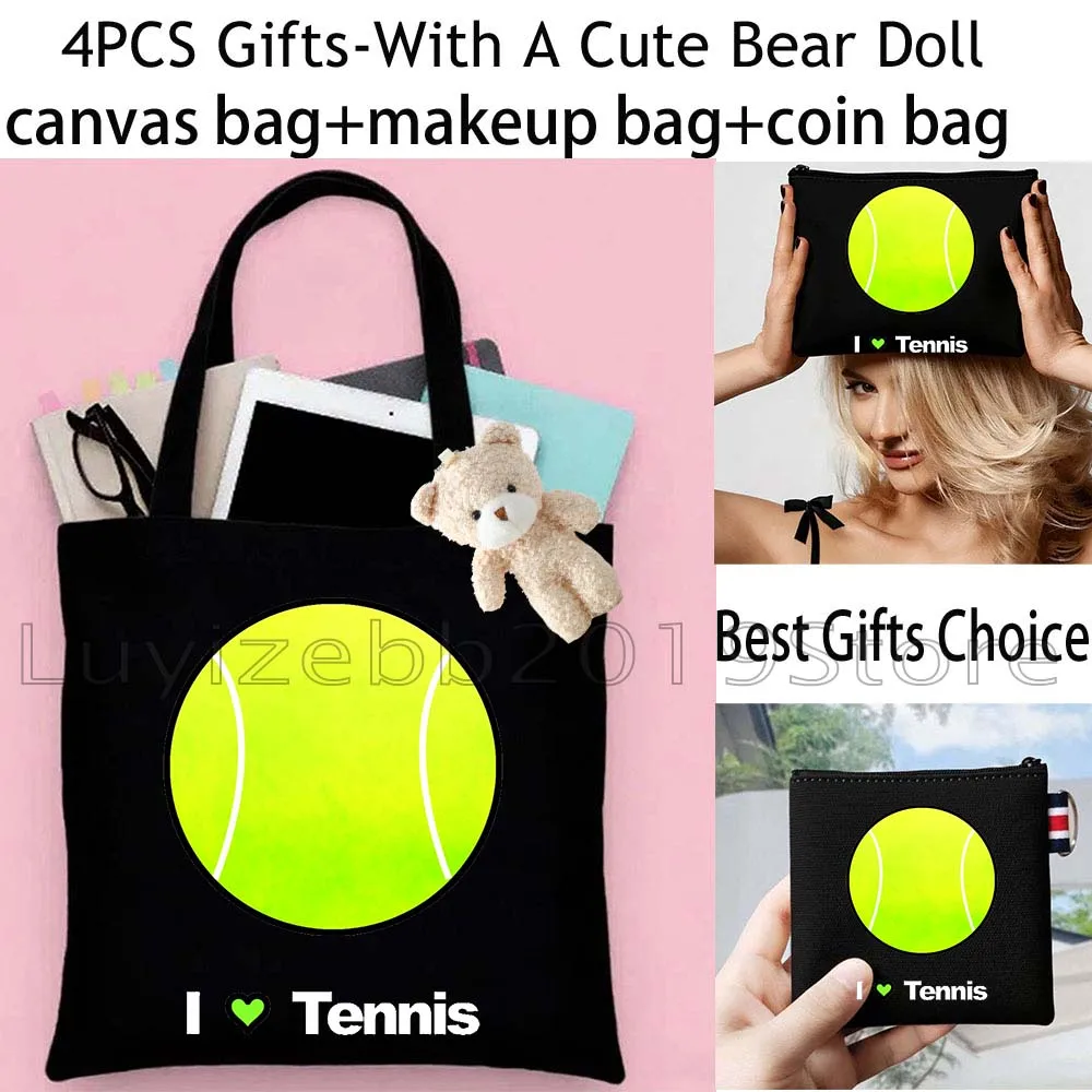4PCS Cute Gifts Funny Tennis Lover Player Tennis Ball Canvas Tote Bag Handbag,Cosmetic Makeup Bag,Coin Purse Wallet Zipper Pouch