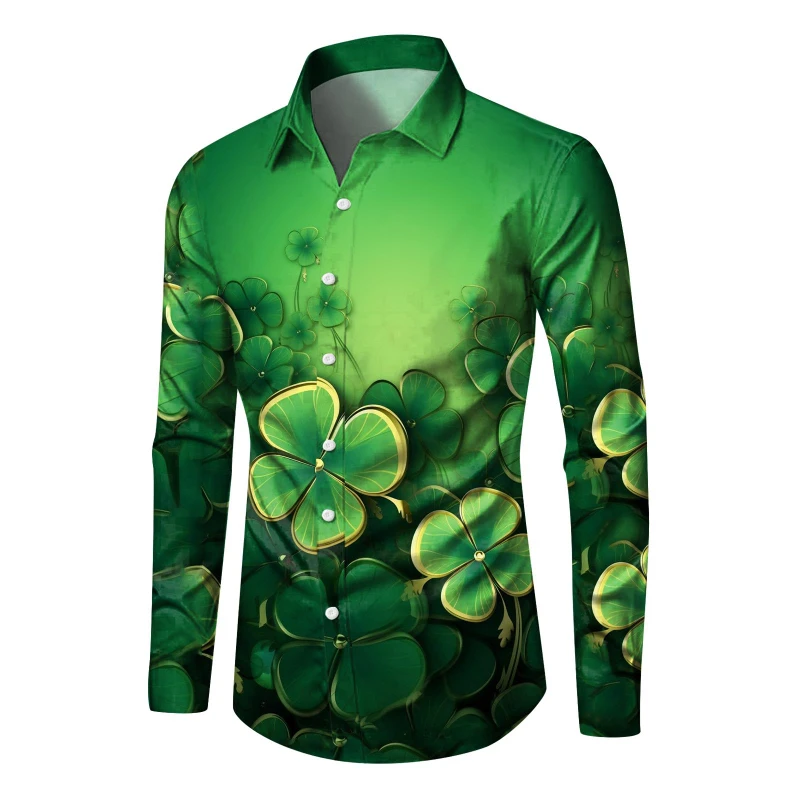 

New St. Patrick's Day Fashion Men's Casual Long Sleeve Shirts Comfortable Tops Green Clover Lucky Pattern 3D Printed Men Shirts