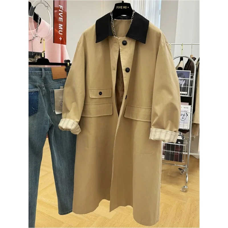 2024 New style Sense of advanced temperament Color contrast lapel Long trench coat female Spring Autumn loose fallow Work jacket