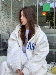 Korean Fashion Plus Fleece Thick Casual All Match Coat Women Oversized Letter Print Sweatshirt Harajuku Streetwear Zip Up Hoodie