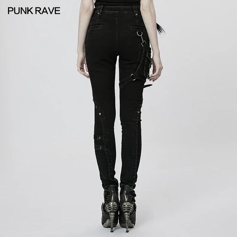 PUNK RAVE Women\'s Punk Heavy Metal Denim Pants with Detachable Leg Bag Splicing Mesh Elements Daily Black Rousers Spring/autumn