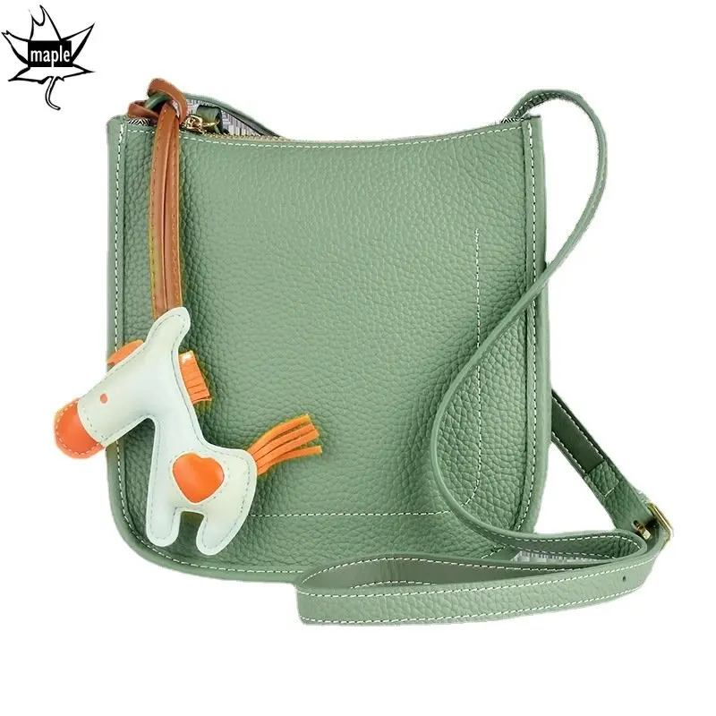 2023 Green Crossbody Bag with Horse Charm 100% First Layer Cowhide Leather Female Shoulder Bag Small Daily-use Phone Purse