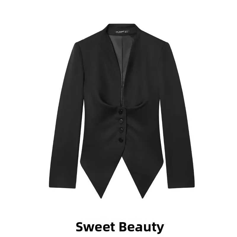 

Slim Fit Long Sleeve Fashionable Versatile Women's Autumn Winter New Arrival Outerwear Single Button V Neck Thick Polyester
