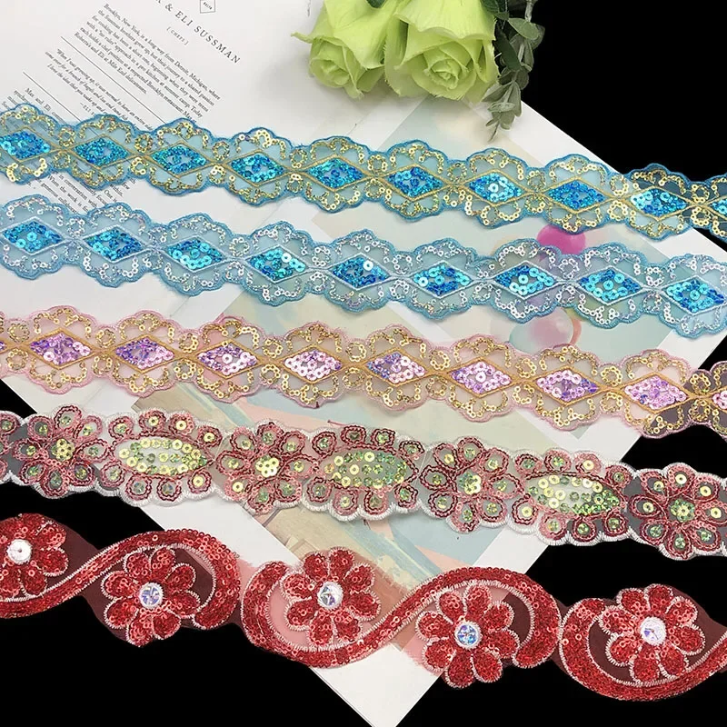 1Yards Lace Fabric Sequins Embroidered Ribbon Collar Trim Applique for Diy Wedding Sewing Dentelle