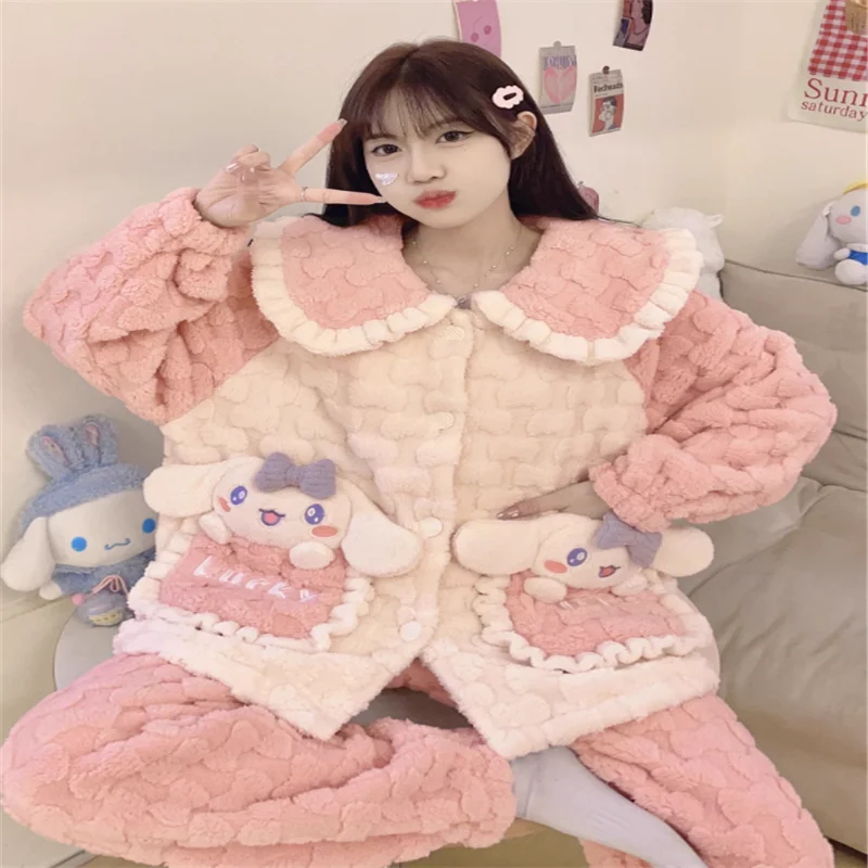 

2024 New Coral Fleece Pajamas Women Thick Suit Lapels Cartoon Sweet Girls Flannel Loungewear Casual Warmth Famale Sleepwear Sets