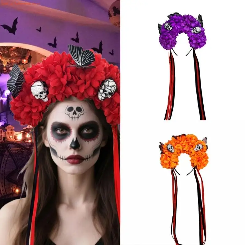 

F92D Страшные скелеты цветочных повязки Комфортная одежда в течение долгих часов на Хэллоуин праздники