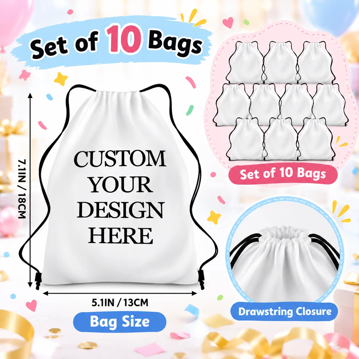 Custom Drawstring Bag Set of 10, Personalized Name Pattern Small Gift Pouches for Party Favors, 18x13cm