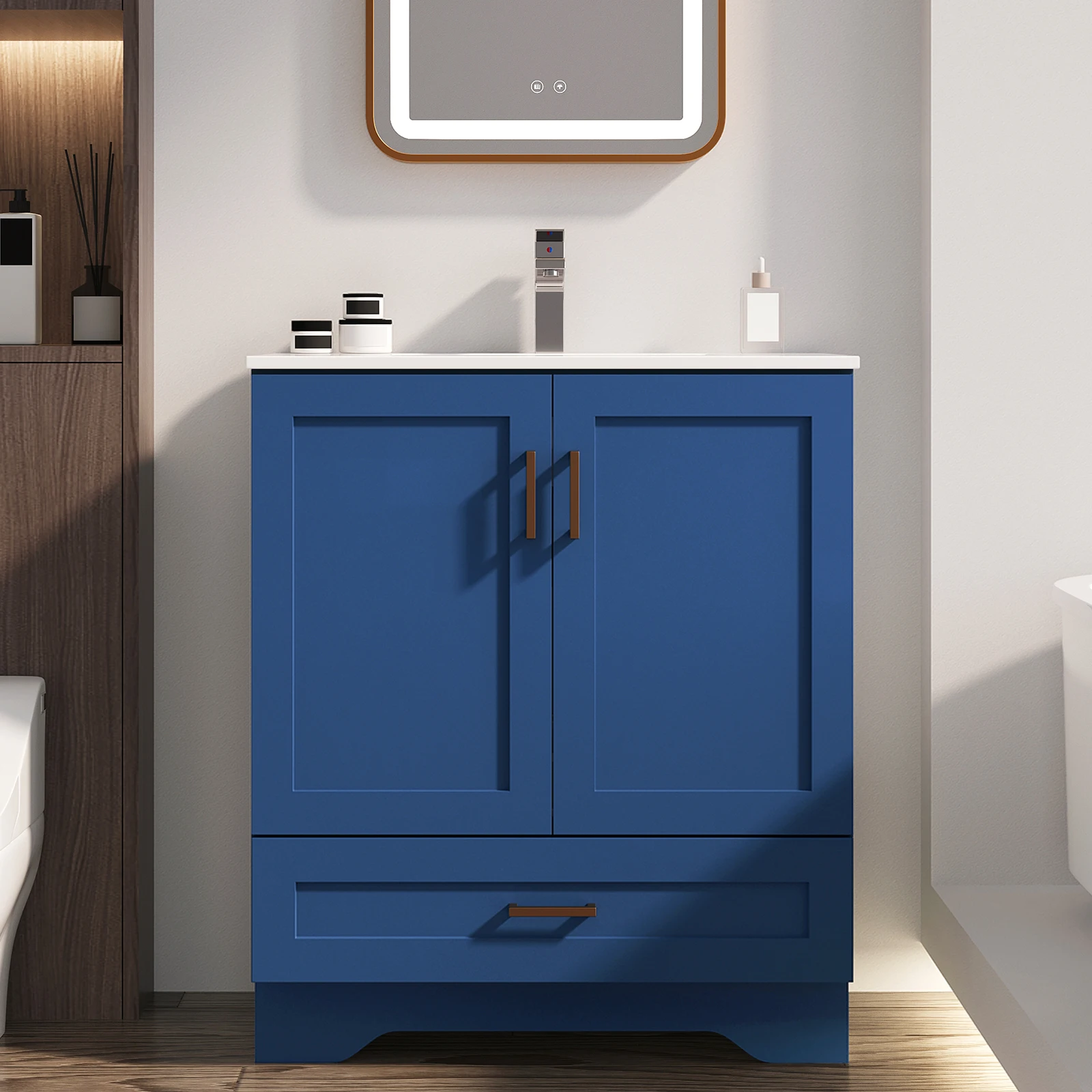 30in Freestanding Bathroom Vanity Cabinet Double‑Door & Storage Drawer Gold Handle Bathroom Storage Furniture With Sink