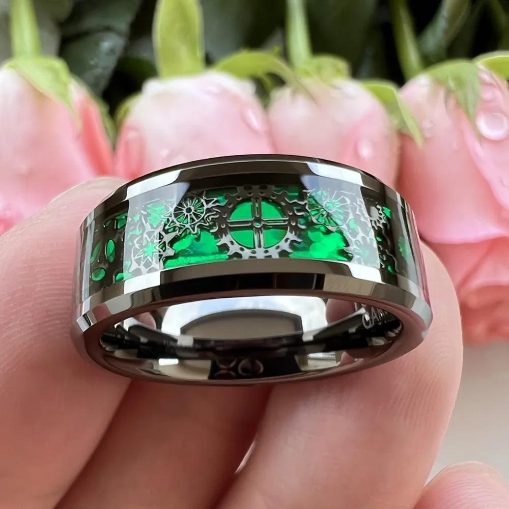 8MM Fashion Men Gear Inlay Steel Ring Polished Green Carbon fiber Stainless Steel Rings Women Wedding Band Jewelry For Gift