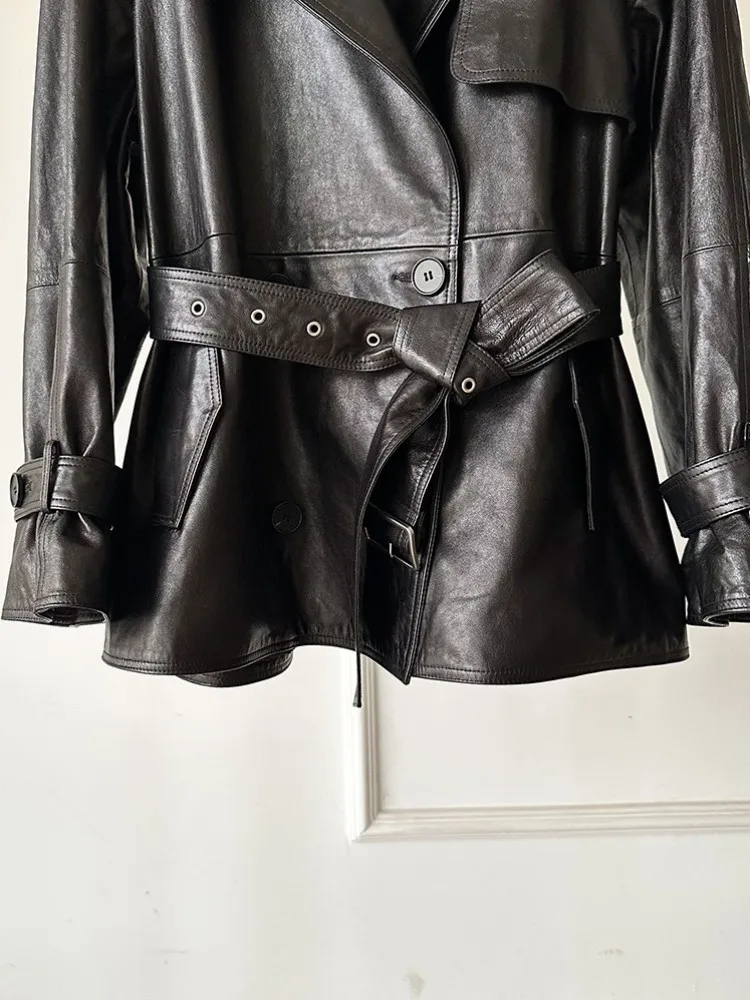 Britischer Stil für Damen, einfarbig, Revers, echtes Leder, Schärpenjacke, lockere einreihige, lange Ärmel, Schaffell-Oberbekleidung