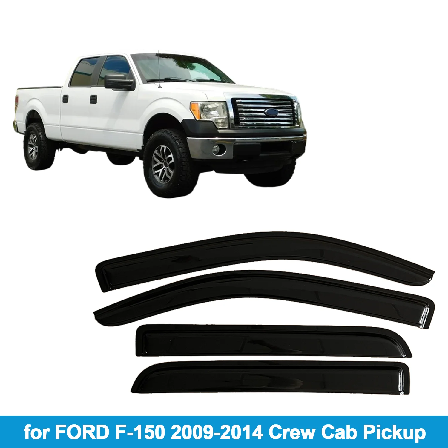 

Window Visor for FORD F-150 2009-2014 Crew Cab Pickup Rain Guard Side Vent Deflector Weathershield Outside-Mount Tape On