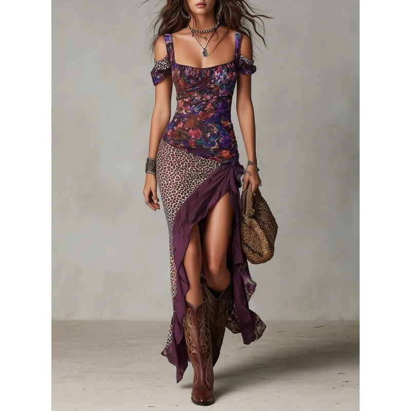 Women Off Shoulder Floral Leopard Print Patchwork Maxi Dress Split Irregular Hem Dress