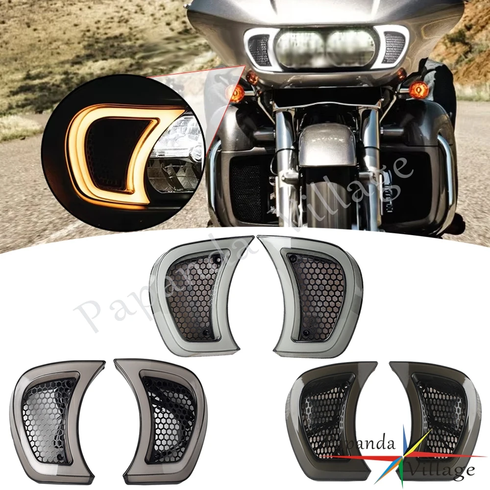 

Motorcycle LED Headlight Vent Accents Light With Indicator Turn Signal Running Lamp Smoke For Harley Touring Road Glide 2015-23