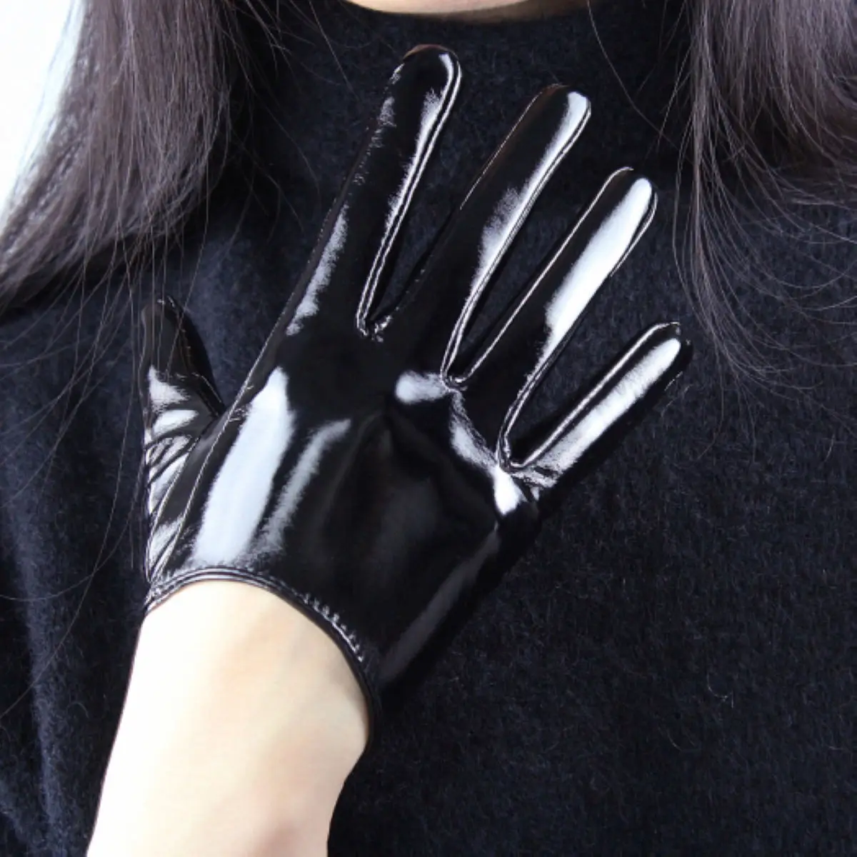 DooWay Super Short Half Palm Gloves Shiny Oil Glossy Black Faux Latex Leather Fashion Stage Evening Party Midnight Club Gloves