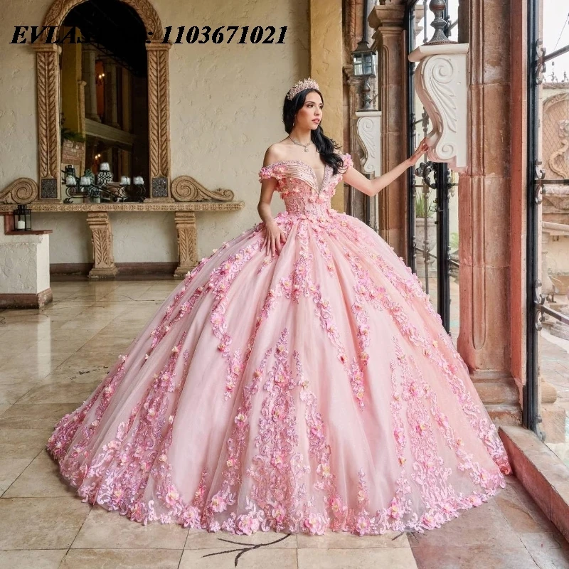 EVLAST Personalizzato Rosa Abito Quinceanera Abito di Sfera 3D Applique Floreale Che Borda Corsetto Messicano Dolce 16 Abiti Da 15 Anos SQ621